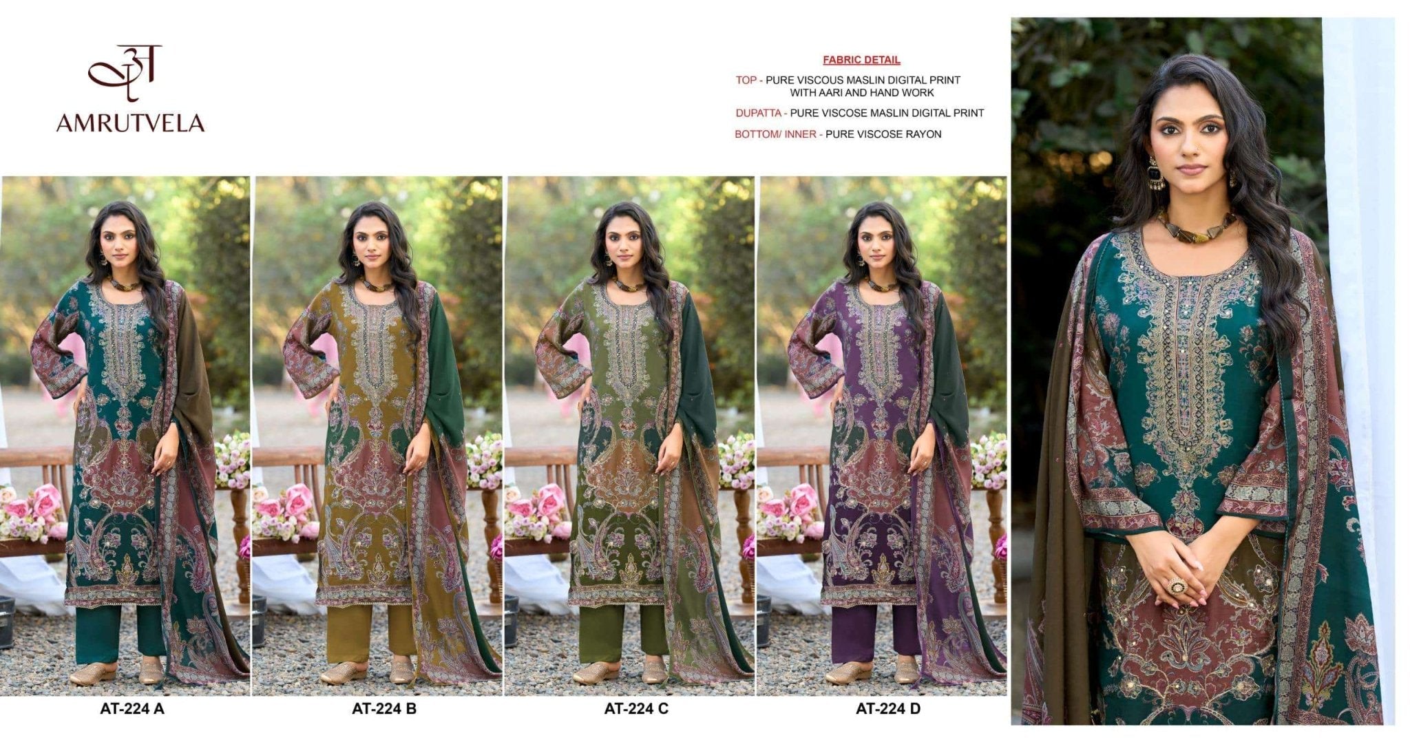 AMRUTVELA AT-224 Viscose Muslin Embroidery Pakistani Suit - Amrah Wholesale