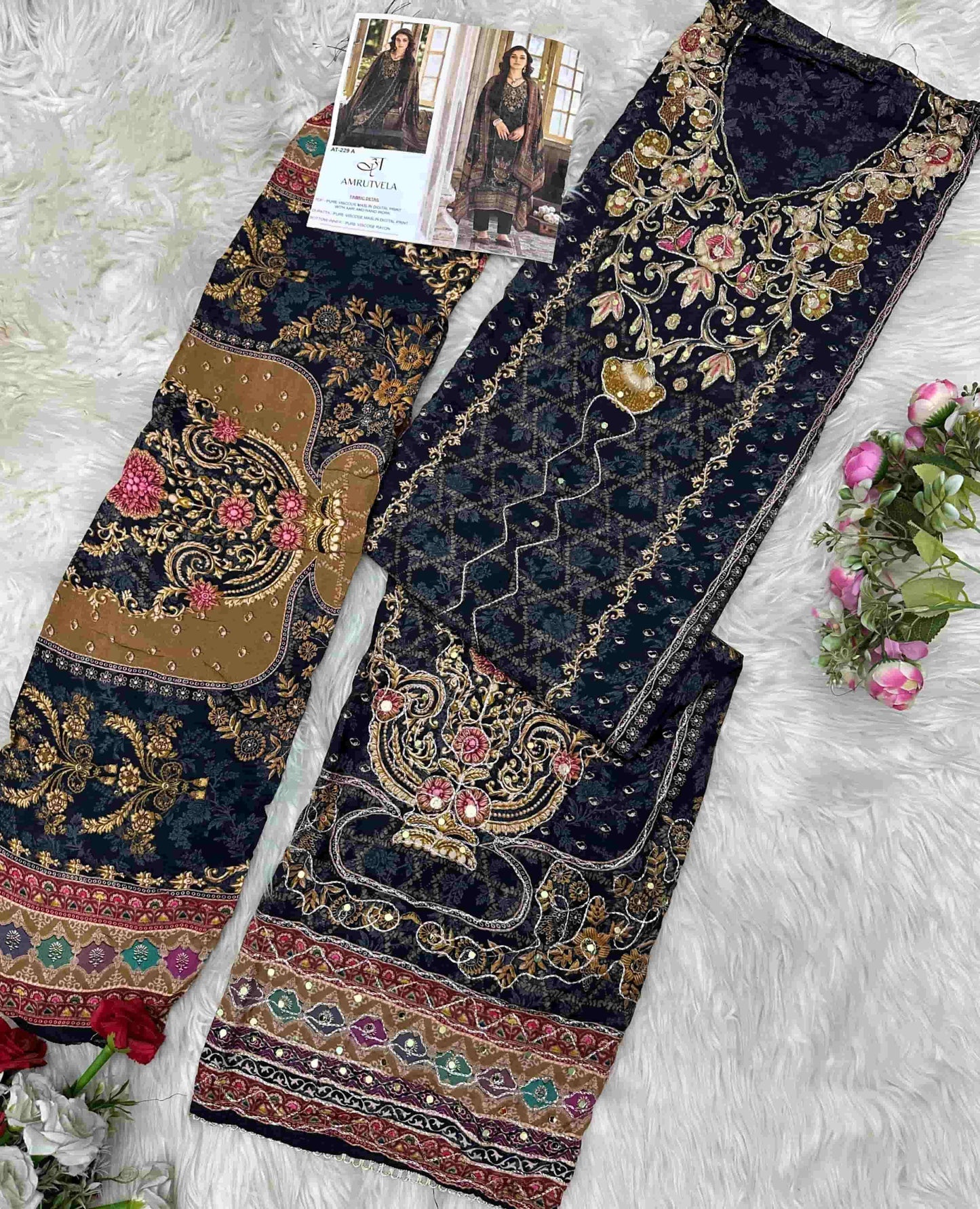 Amrutvela AT-229 Viscose Muslin Embroidered Pakistani Suit