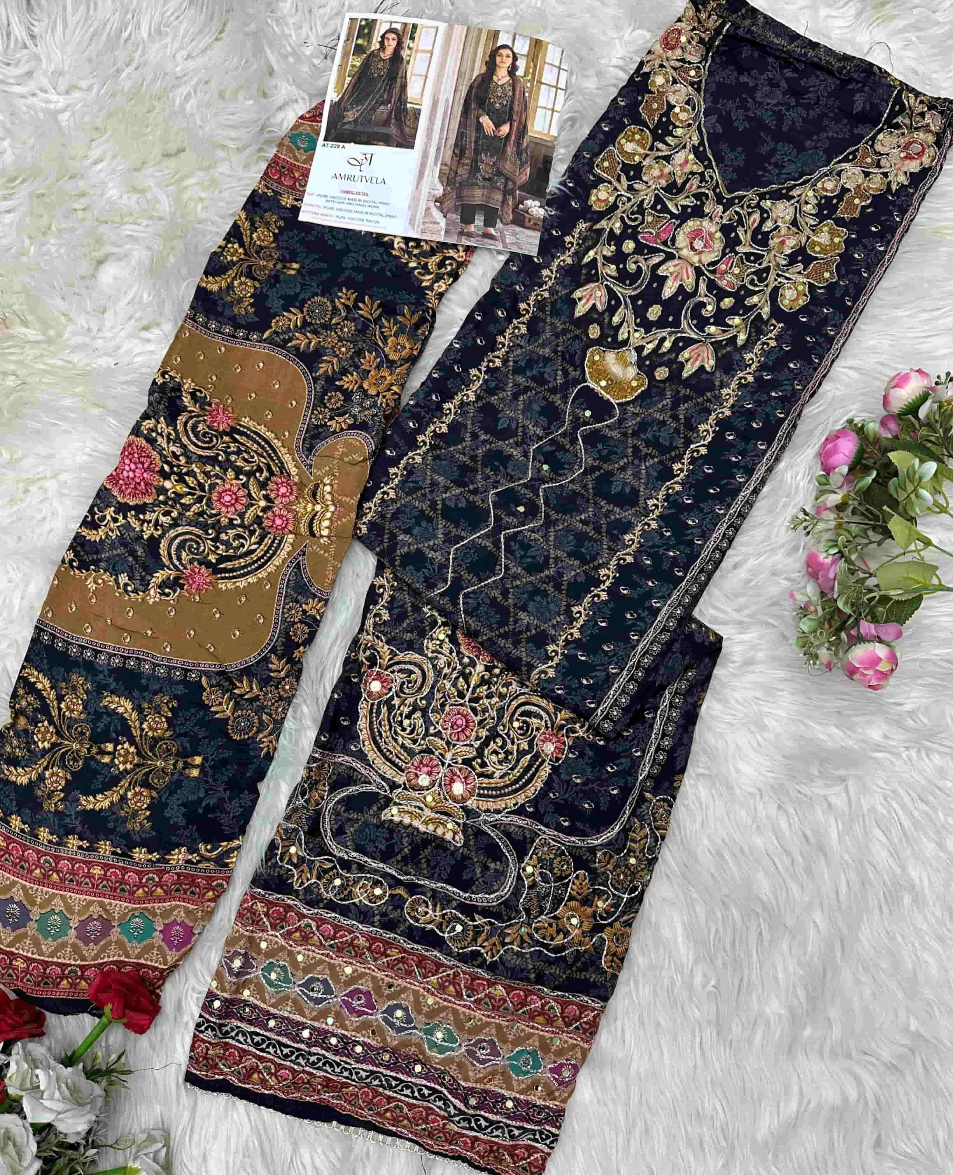 Amrutvela AT-229 Viscose Muslin Embroidered Pakistani Suit