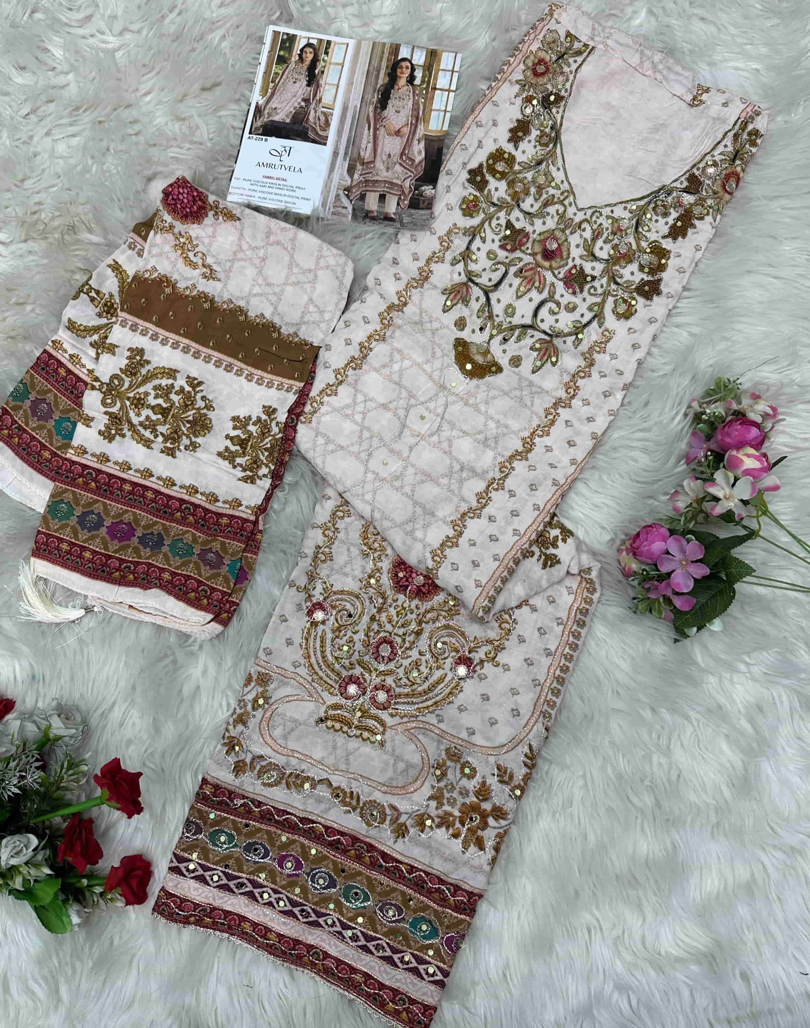Amrutvela AT-229 Viscose Muslin Embroidered Pakistani Suit