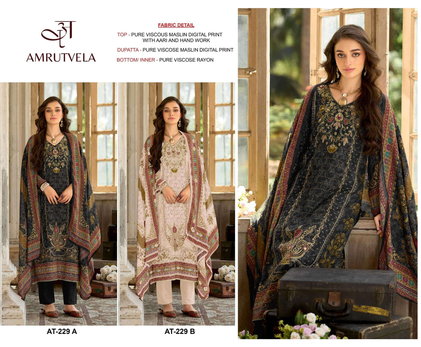 Amrutvela AT-229 Viscose Muslin Embroidered Pakistani Suit