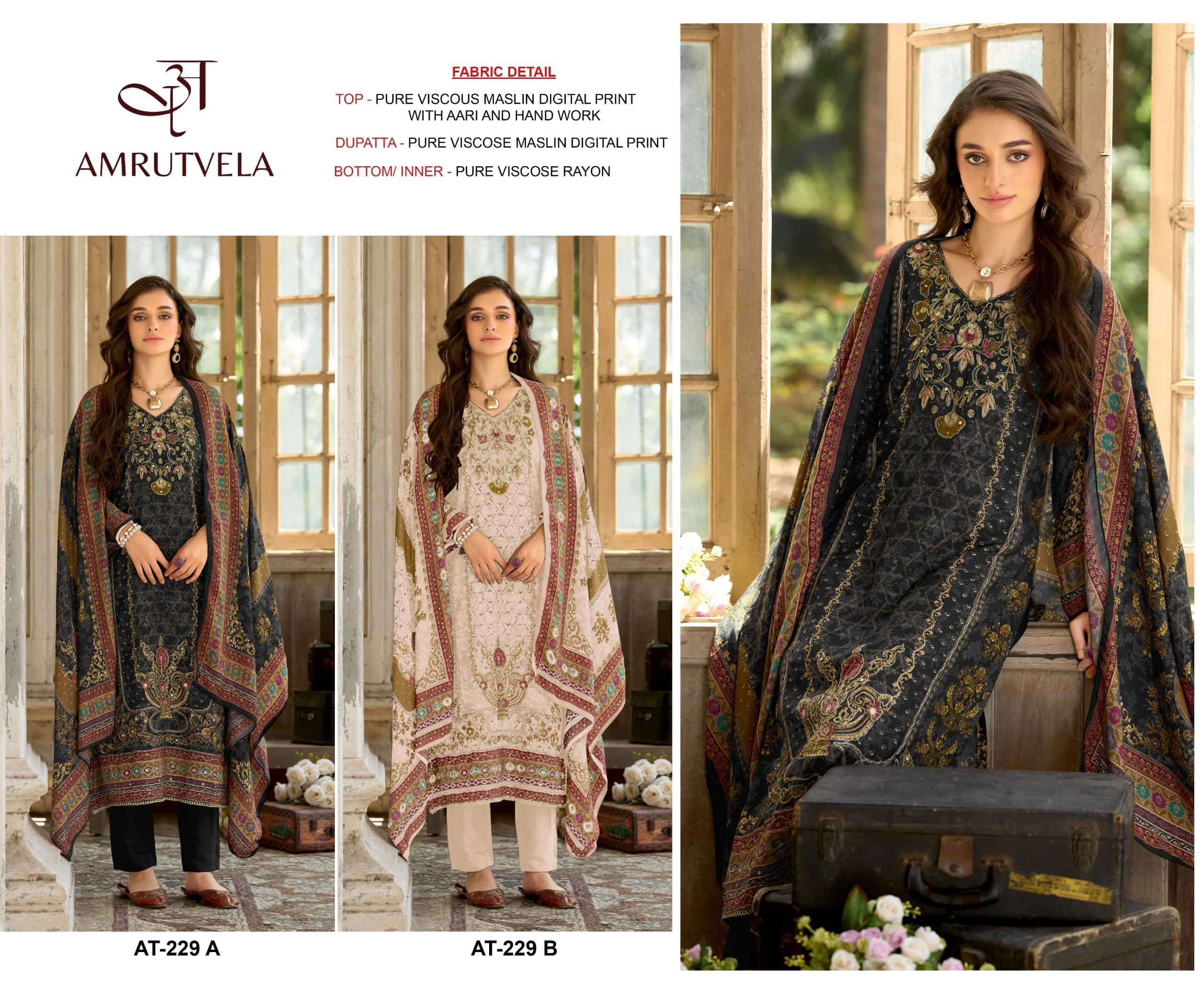 Amrutvela AT-229 Viscose Muslin Embroidered Pakistani Suit