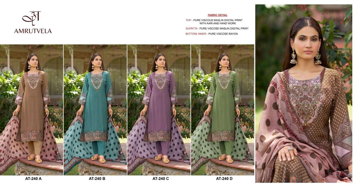Amrutvela AT-240 A To D Series Viscose Muslin Embroidery Pakistani Dresses - Amrah Wholesale