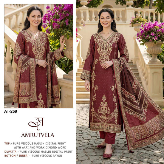 AMRUTVELA AT-259 Viscose Muslin Embroidery Pakistani Suit Set