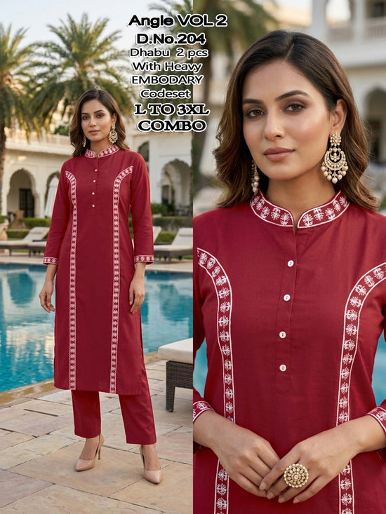 Angle Vol 2 Dhabu Cotton Embroidered Kurti Pant Set