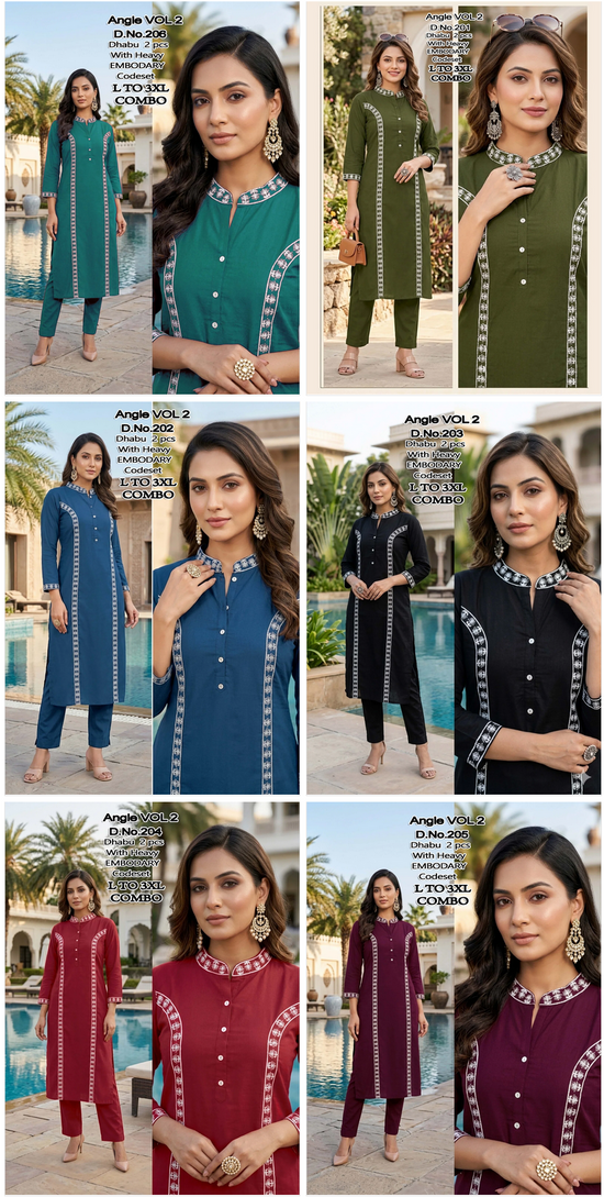Angle Vol 2 Dhabu Cotton Embroidered Kurti Pant Set