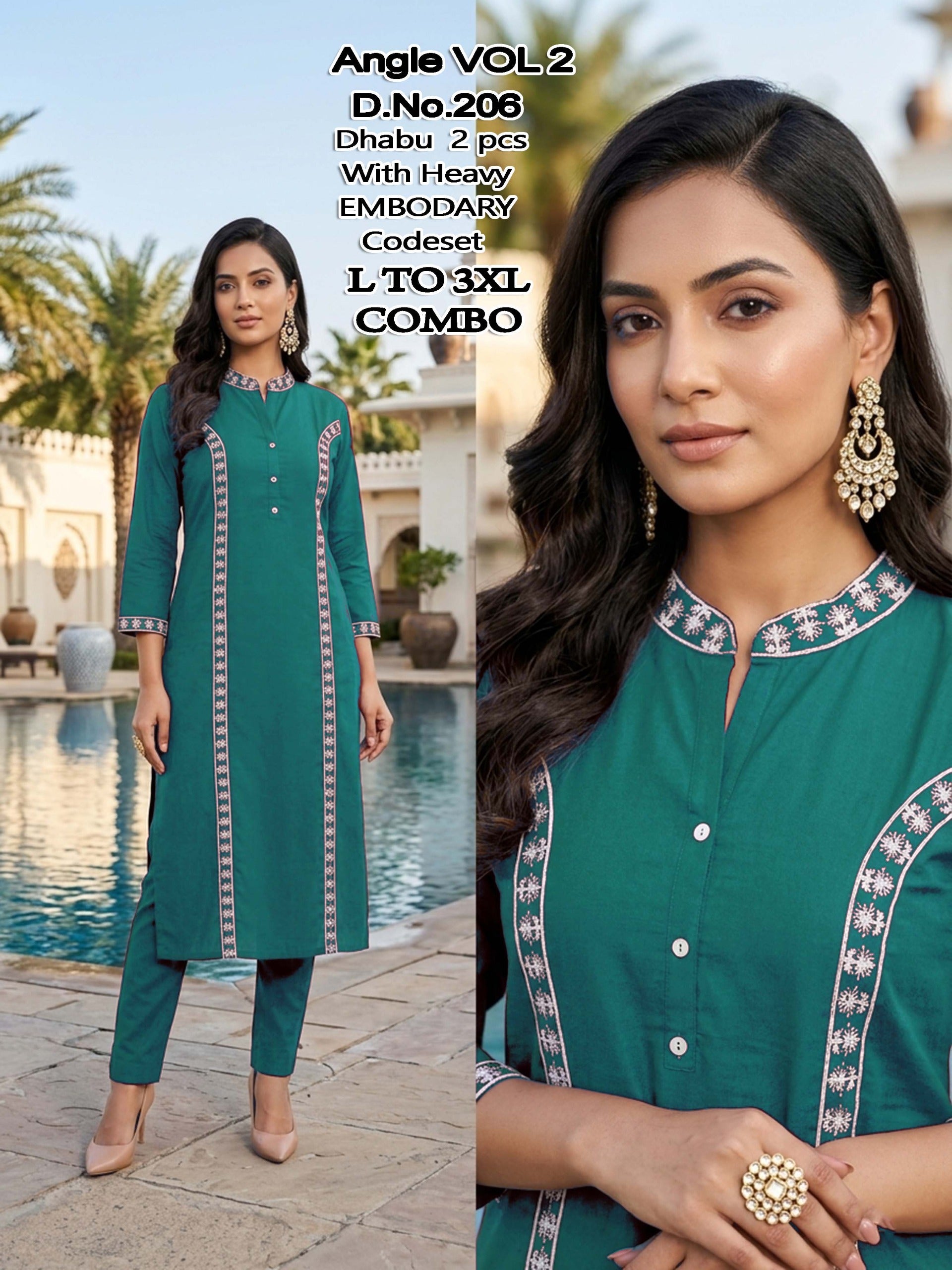 Angle Vol 2 Dhabu Cotton Embroidered Kurti Pant Set