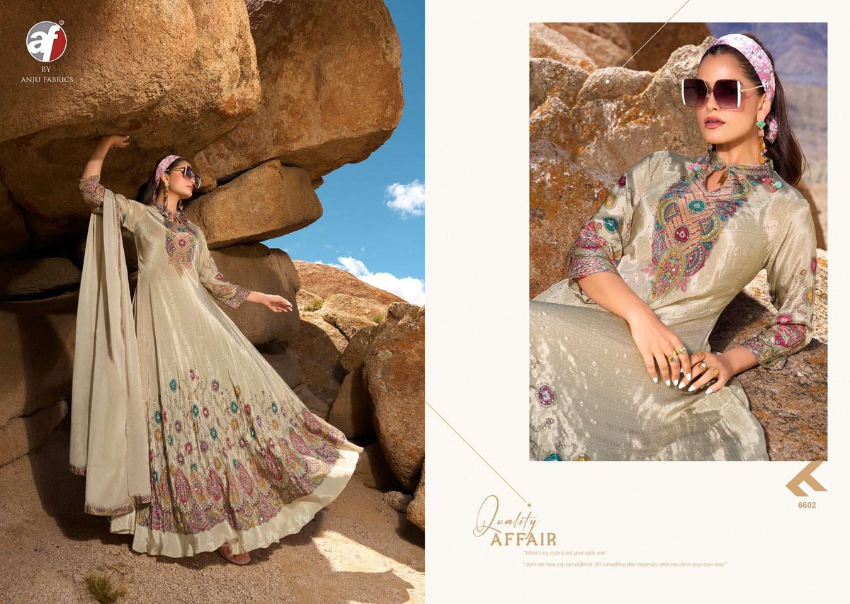 Anju Fabric Dedaar Vol-2 6601 To 6604 Series Crepe Embroidery Stitched Gown