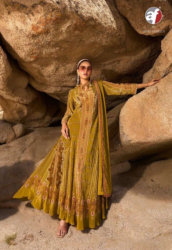 Anju Fabric Dedaar Vol-2 6601 To 6604 Series Crepe Embroidery Stitched Gown