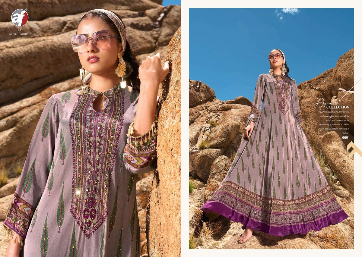Anju Fabric Dedaar Vol-2 6601 To 6604 Series Crepe Embroidery Stitched Gown