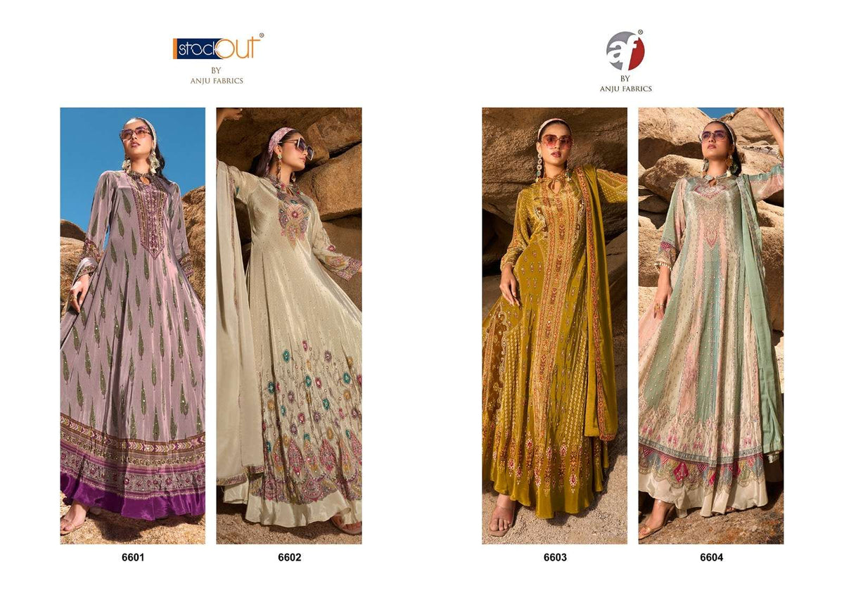 Anju Fabric Dedaar Vol-2 6601 To 6604 Series Crepe Embroidery Stitched Gown