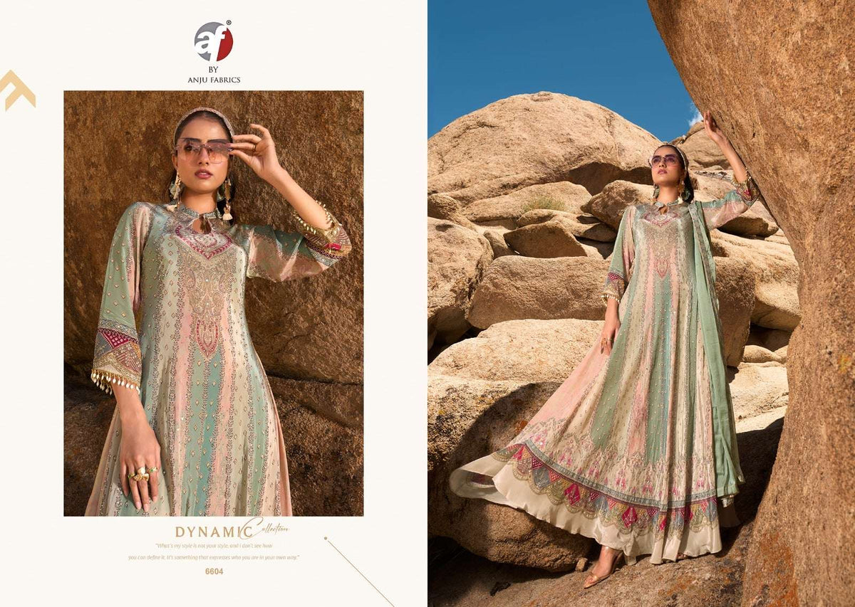 Anju Fabric Dedaar Vol-2 6601 To 6604 Series Crepe Embroidery Stitched Gown