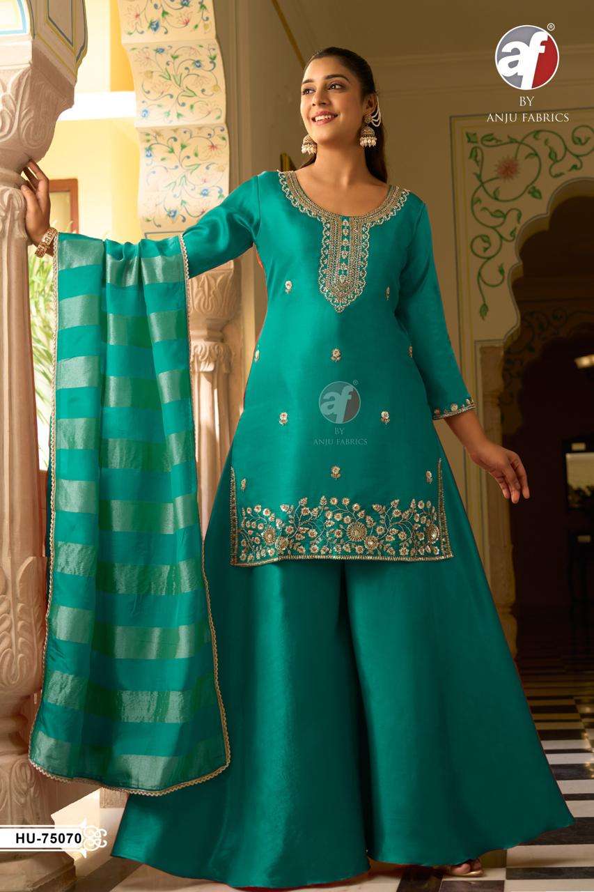Anju Fabric HU-75070 Organza Embroidered Ready To Wear Sharara Salwar Suit Set