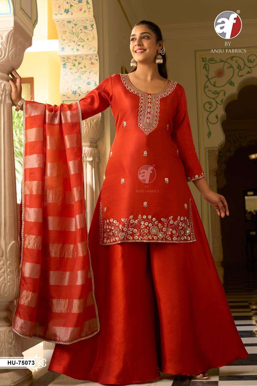 Anju Fabric HU-75070 Organza Embroidered Ready To Wear Sharara Salwar Suit Set