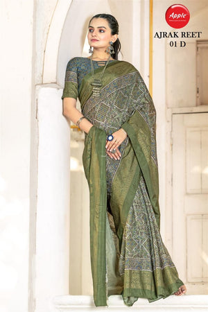 Apple Ajrak Reet Viscose Silk Zari Printed Saree