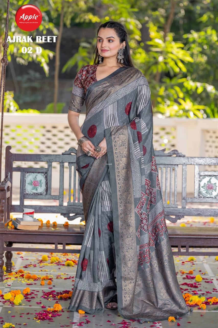 Apple Ajrak Reet Viscose Silk Zari Printed Saree