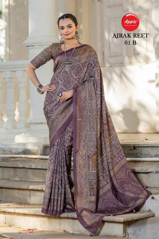 Apple Ajrak Reet Viscose Silk Zari Printed Saree