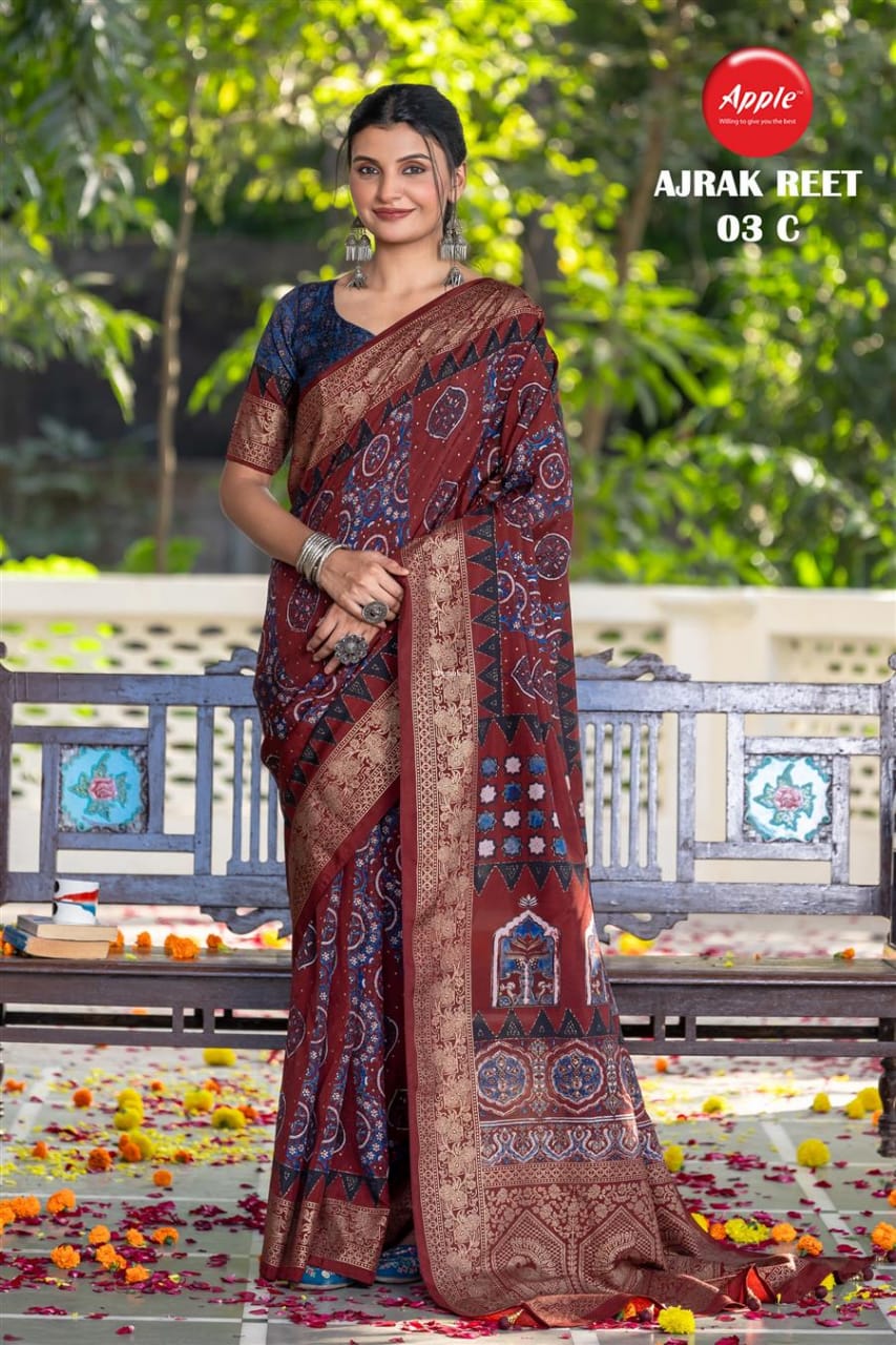 Apple Ajrak Reet Viscose Silk Zari Printed Saree