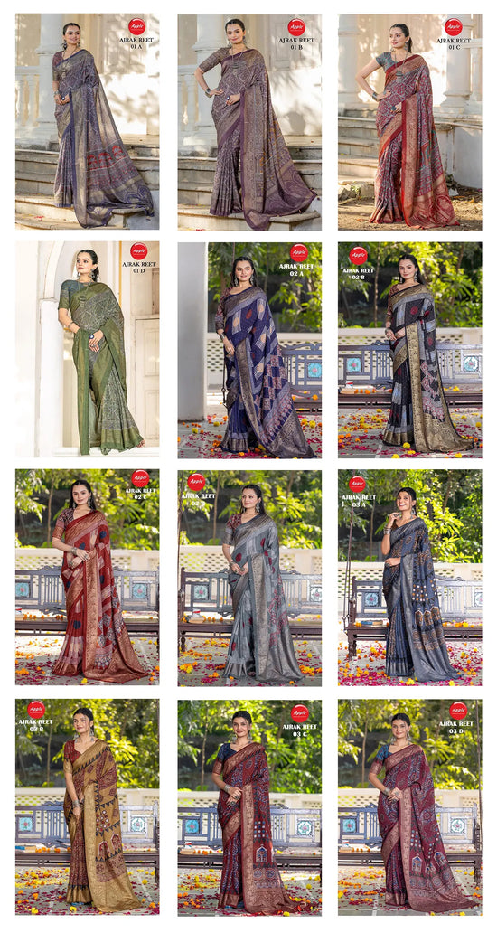 Apple Ajrak Reet Viscose Silk Zari Printed Saree