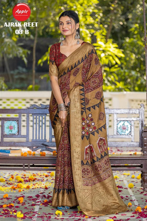 Apple Ajrak Reet Viscose Silk Zari Printed Saree