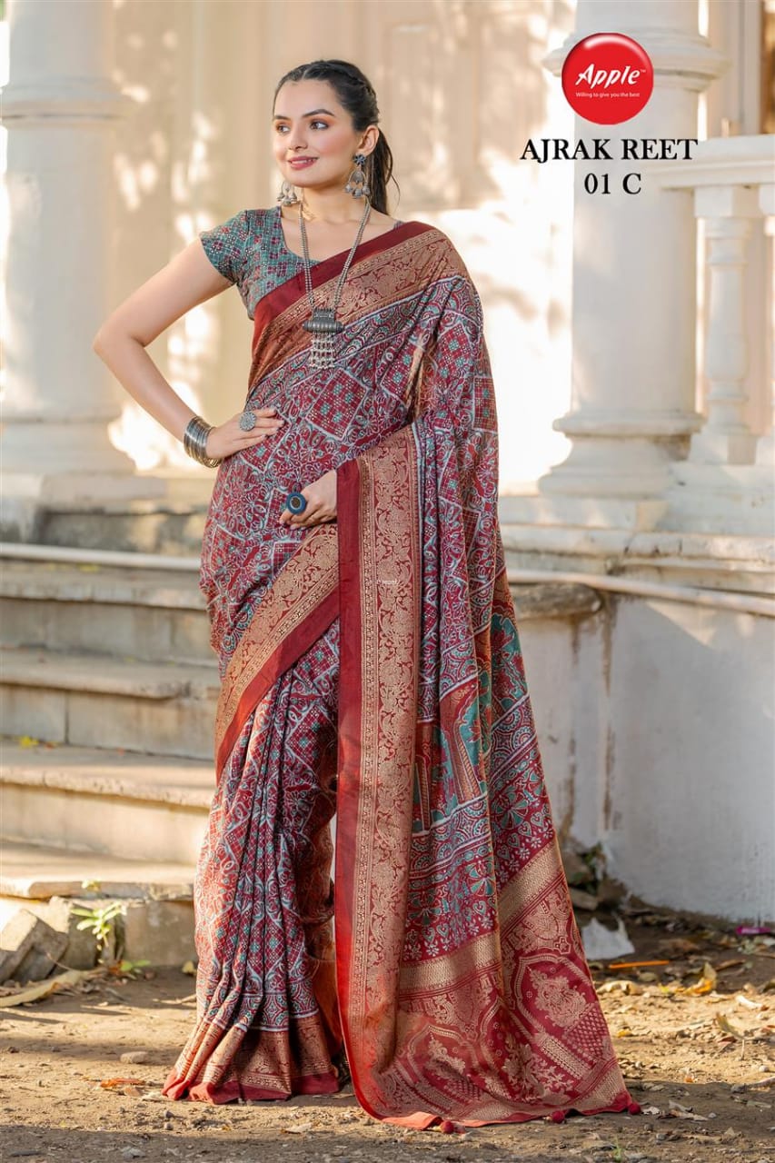 Apple Ajrak Reet Viscose Silk Zari Printed Saree