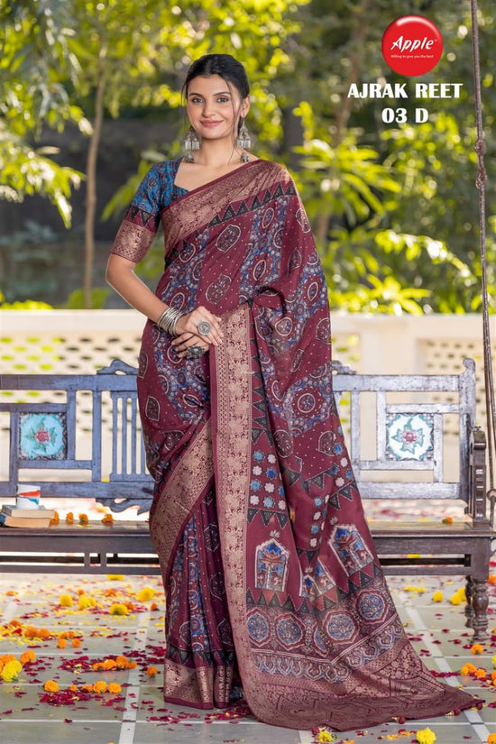 Apple Ajrak Reet Viscose Silk Zari Printed Saree