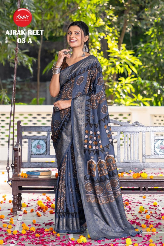 Apple Ajrak Reet Viscose Silk Zari Printed Saree
