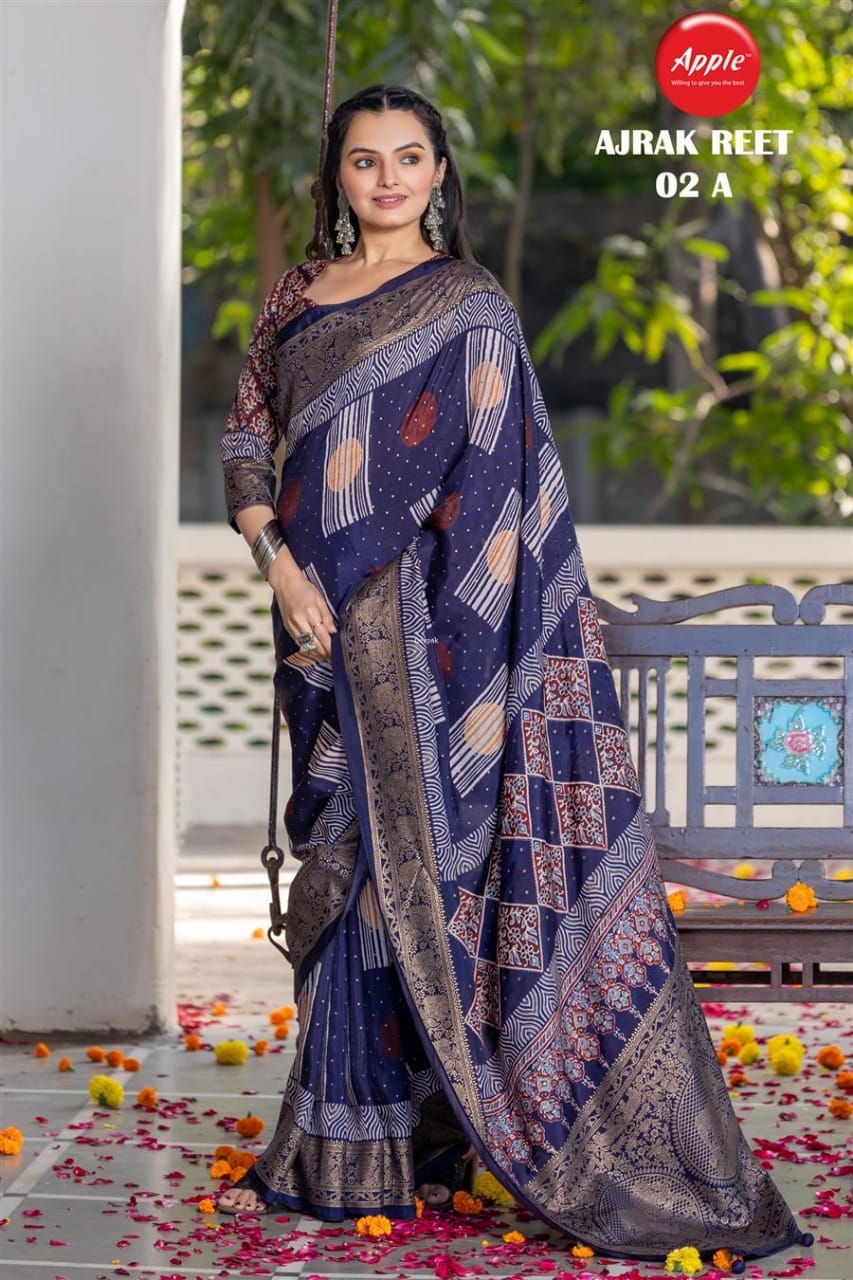 Apple Ajrak Reet Viscose Silk Zari Printed Saree