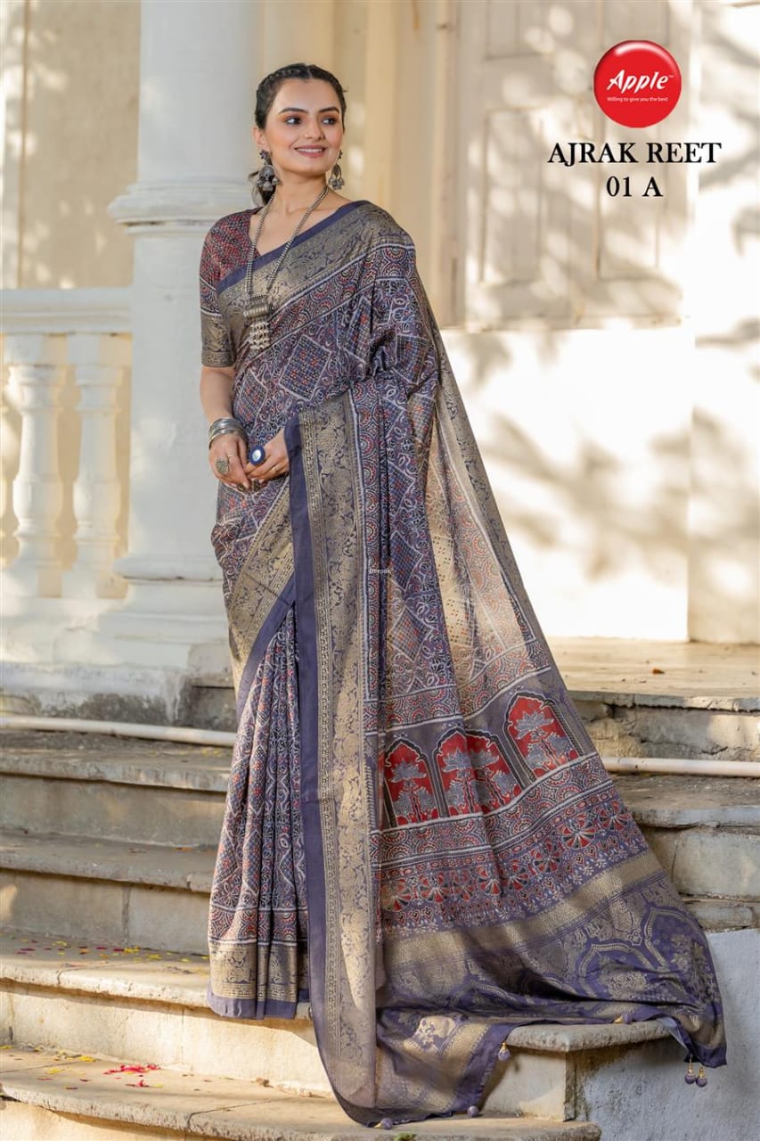 Apple Ajrak Reet Viscose Silk Zari Printed Saree