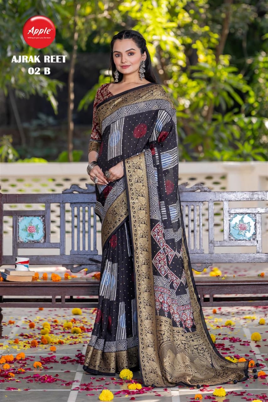 Apple Ajrak Reet Viscose Silk Zari Printed Saree