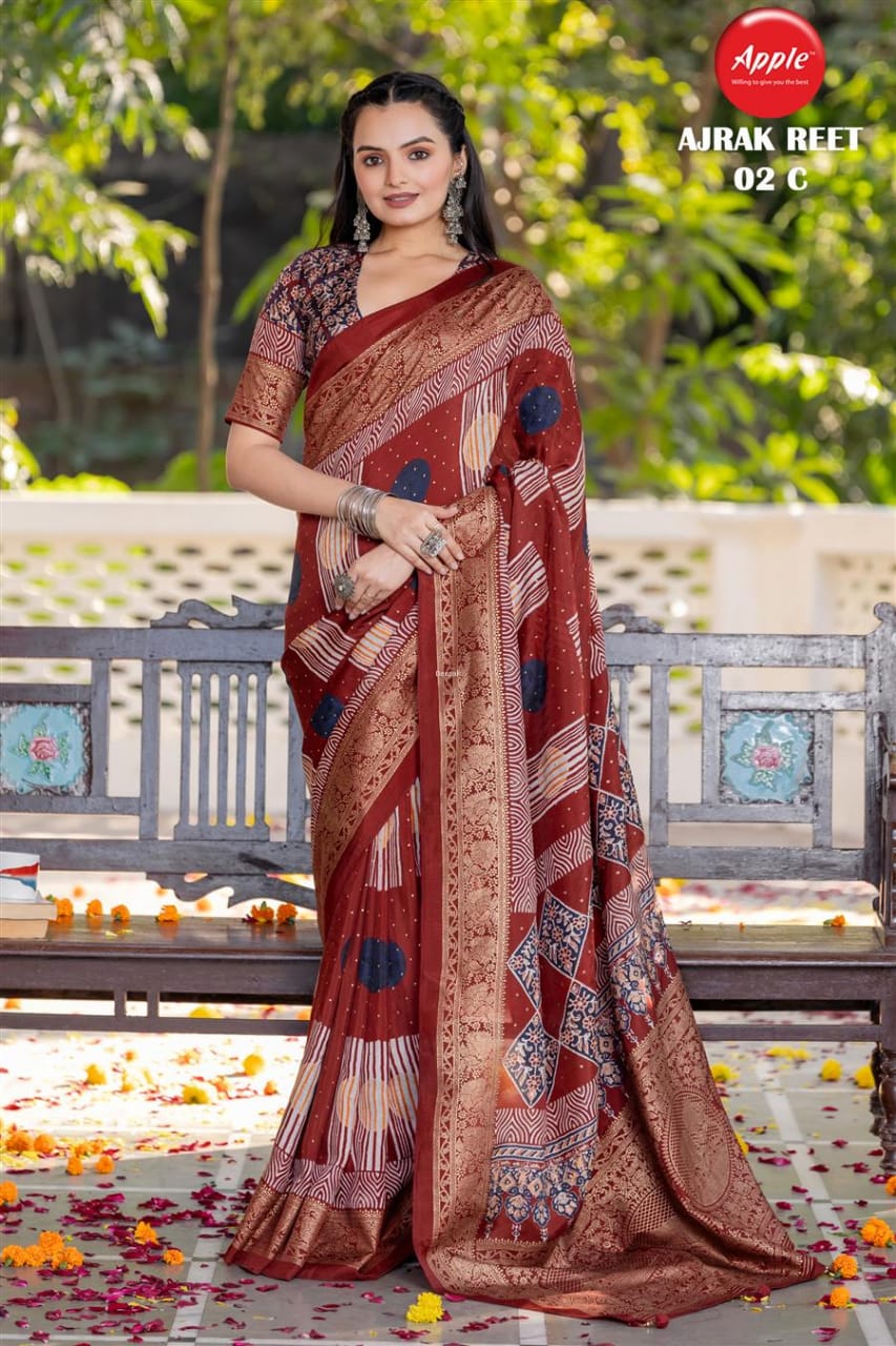 Apple Ajrak Reet Viscose Silk Zari Printed Saree