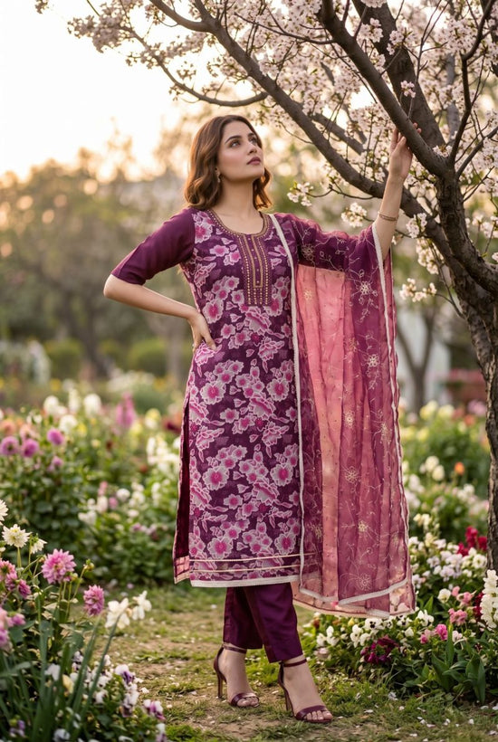 Aurraa Heer Organza Position Print Hand Work Kurti Pant Dupatta Set