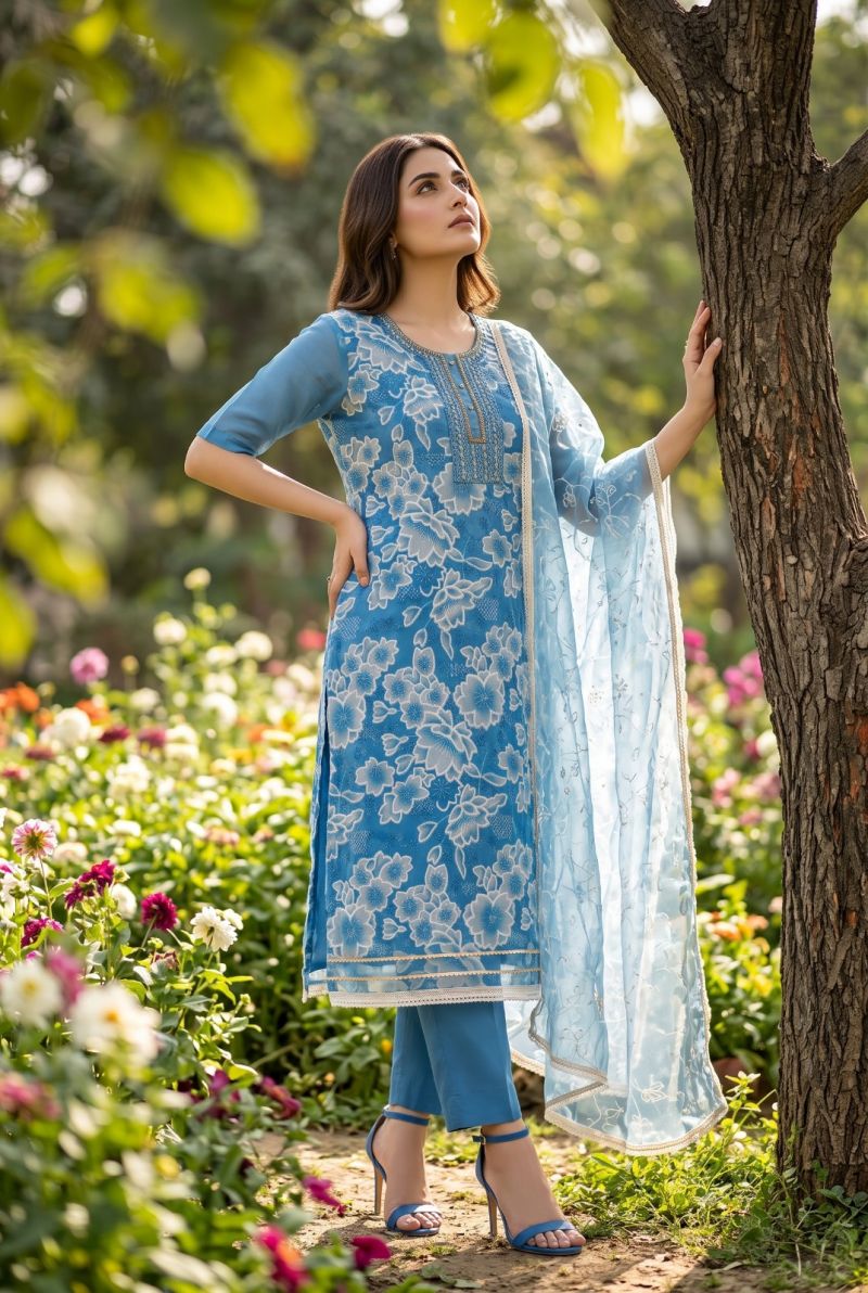 Aurraa Heer Organza Position Print Hand Work Kurti Pant Dupatta Set