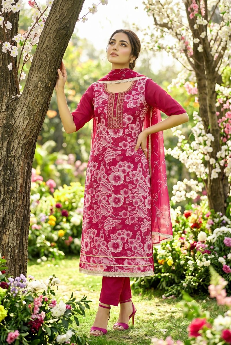 Aurraa Heer Organza Position Print Hand Work Kurti Pant Dupatta Set