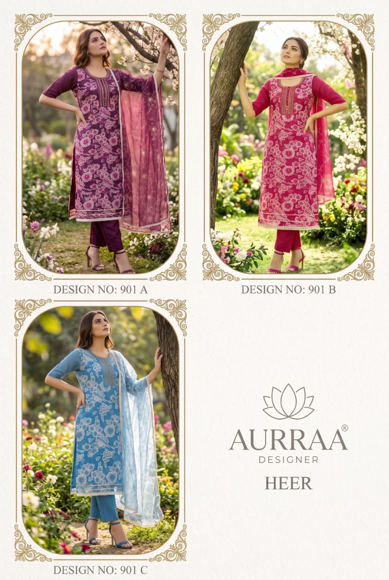 Aurraa Heer Organza Position Print Hand Work Kurti Pant Dupatta Set