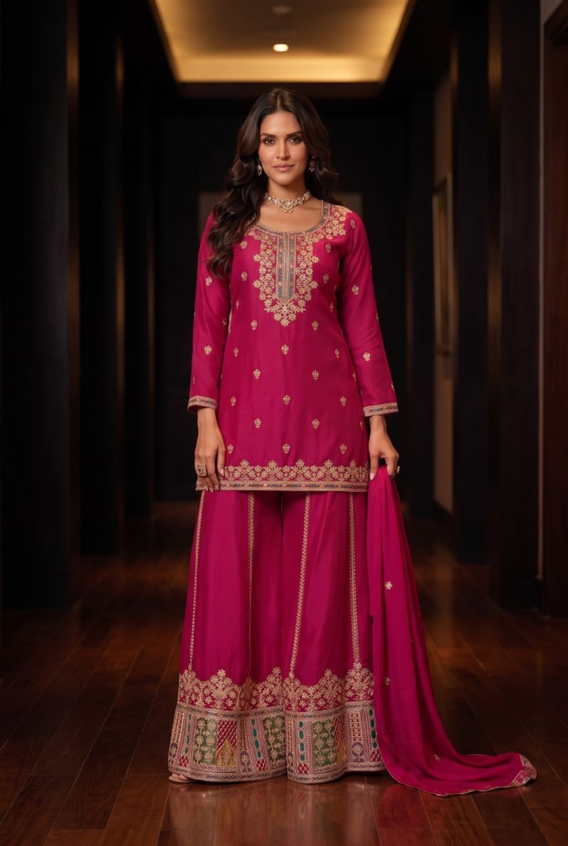 Aurraa Kathaa Premium Chinon Embroidered Kurti Pant Dupatta Set