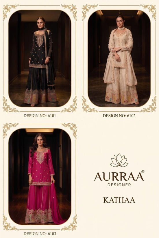 Aurraa Kathaa Premium Chinon Embroidered Kurti Pant Dupatta Set
