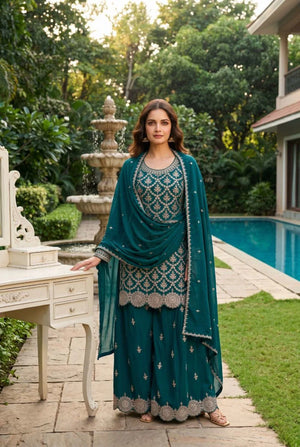 Aurraa Meenara Premium Chinon Embroidered Kurti Pant Dupatta Set