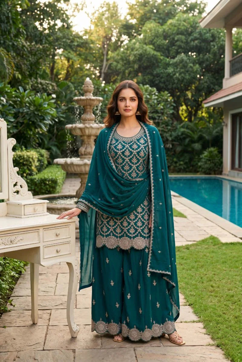 Aurraa Meenara Premium Chinon Embroidered Kurti Pant Dupatta Set