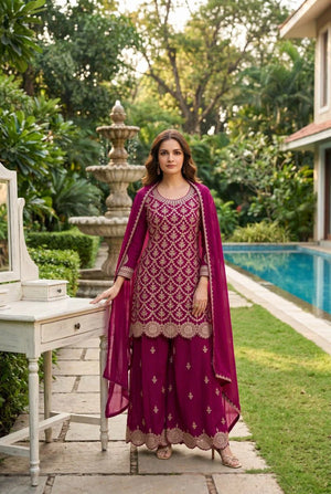 Aurraa Meenara Premium Chinon Embroidered Kurti Pant Dupatta Set
