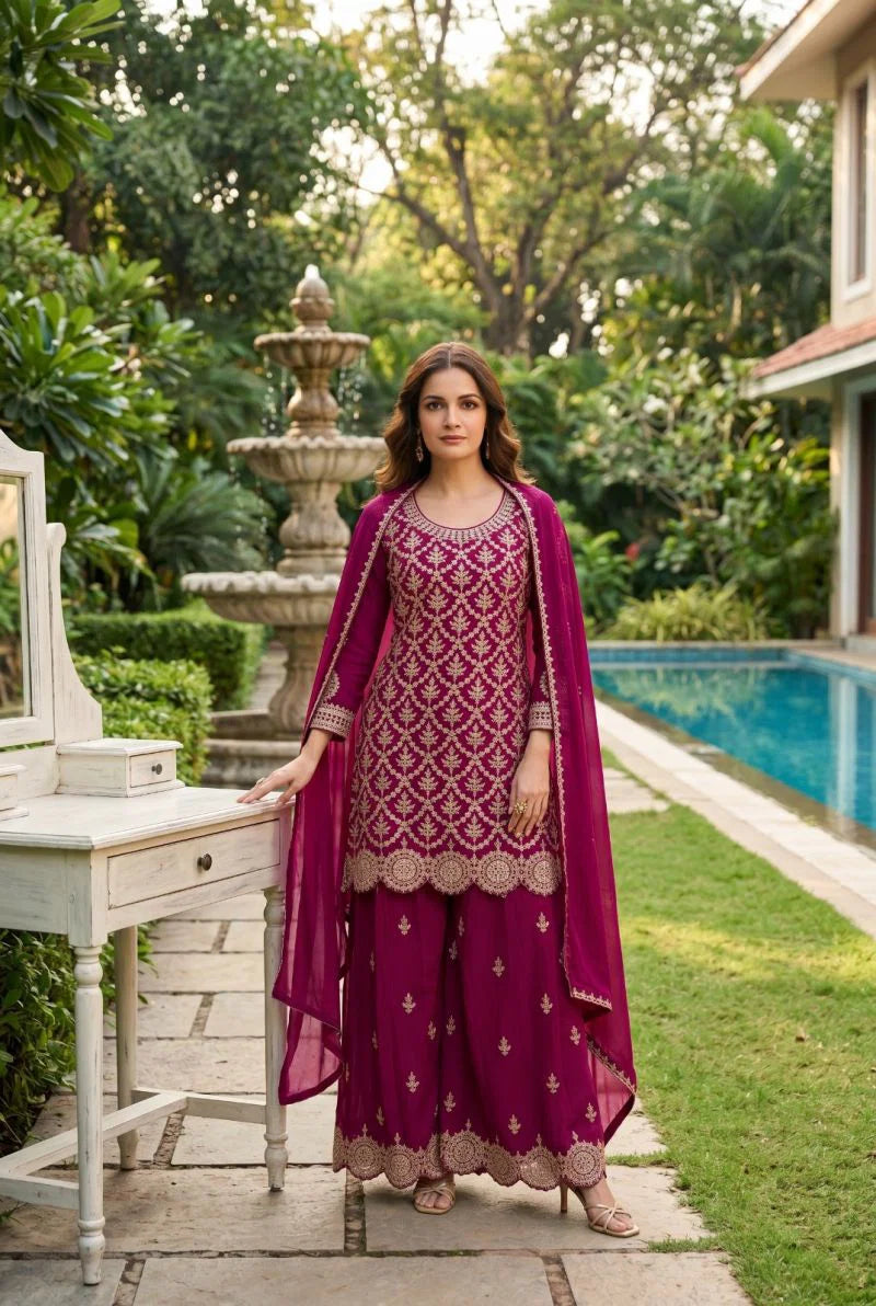 Aurraa Meenara Premium Chinon Embroidered Kurti Pant Dupatta Set