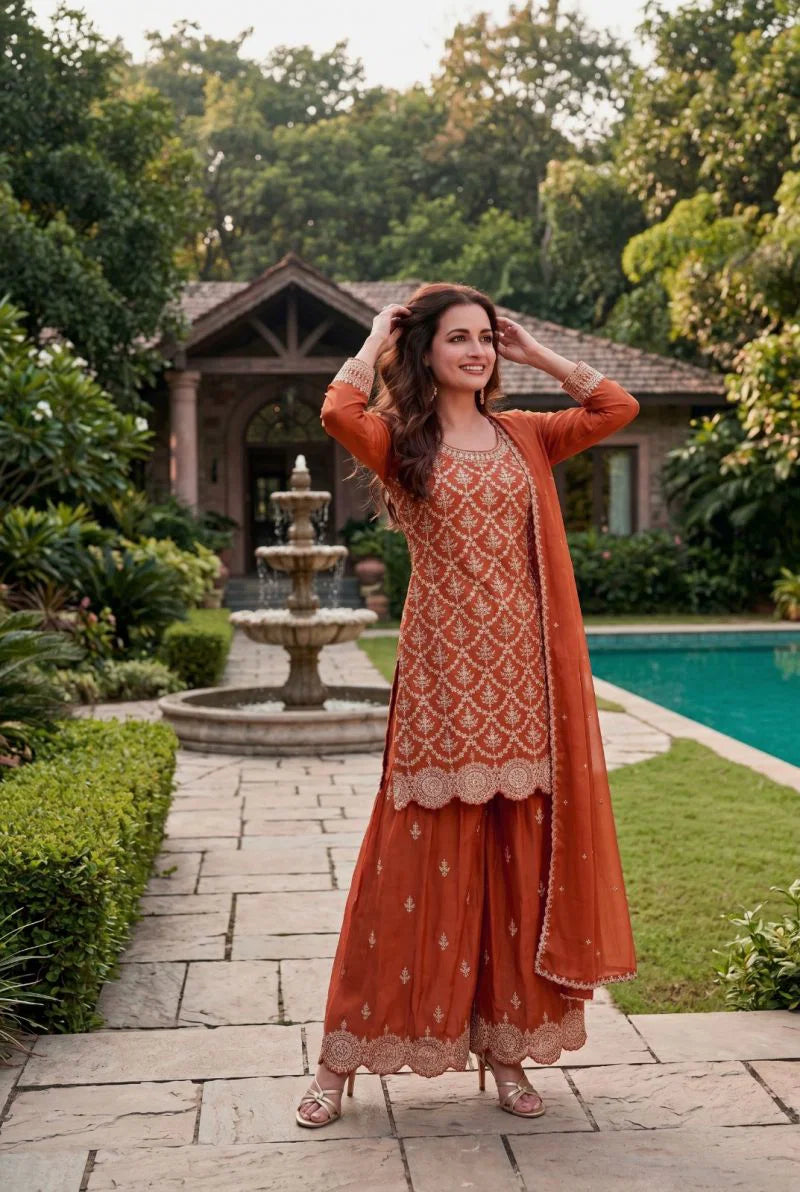 Aurraa Meenara Premium Chinon Embroidered Kurti Pant Dupatta Set