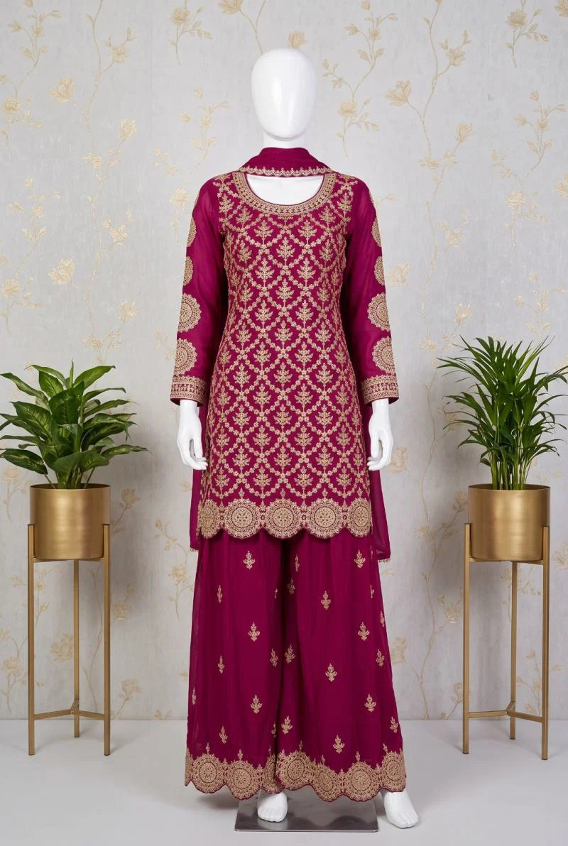 Aurraa Meenara Premium Chinon Embroidered Kurti Pant Dupatta Set
