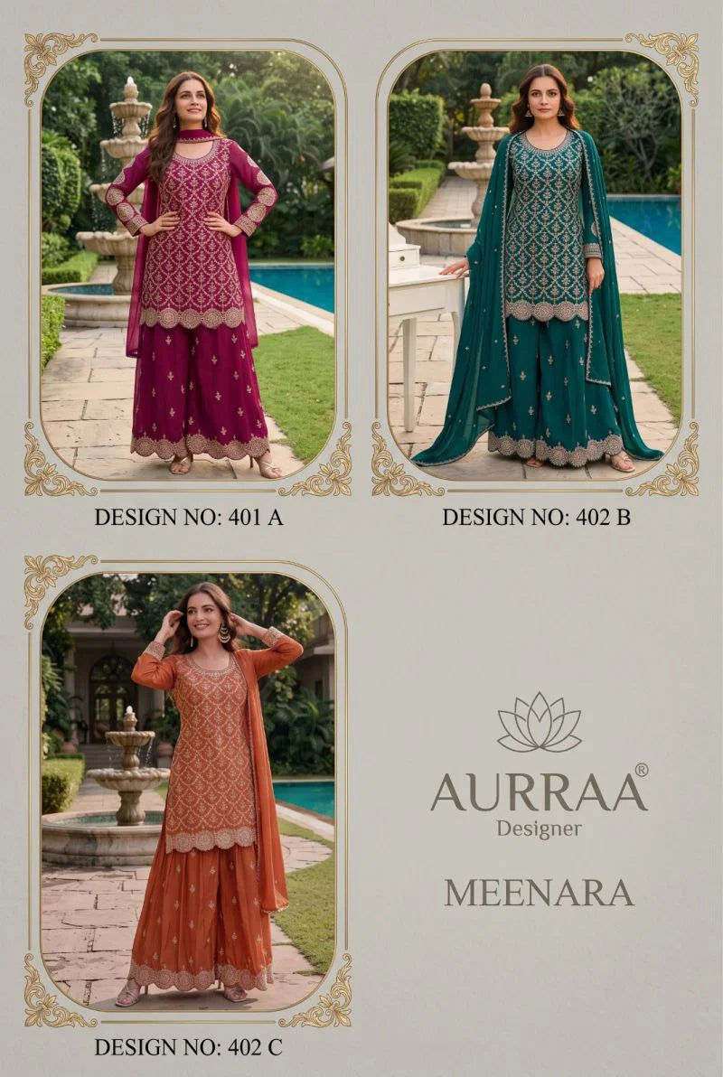 Aurraa Meenara Premium Chinon Embroidered Kurti Pant Dupatta Set