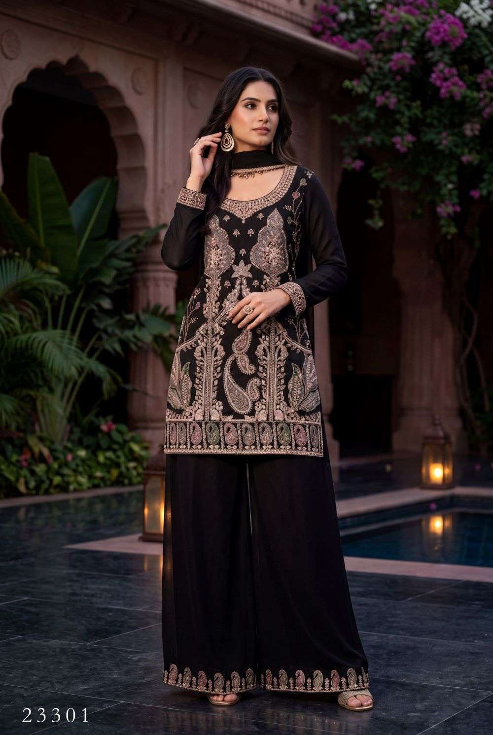 Aurraa Siddhi Chinon With Beads Work Readymade Sharara Suit Set