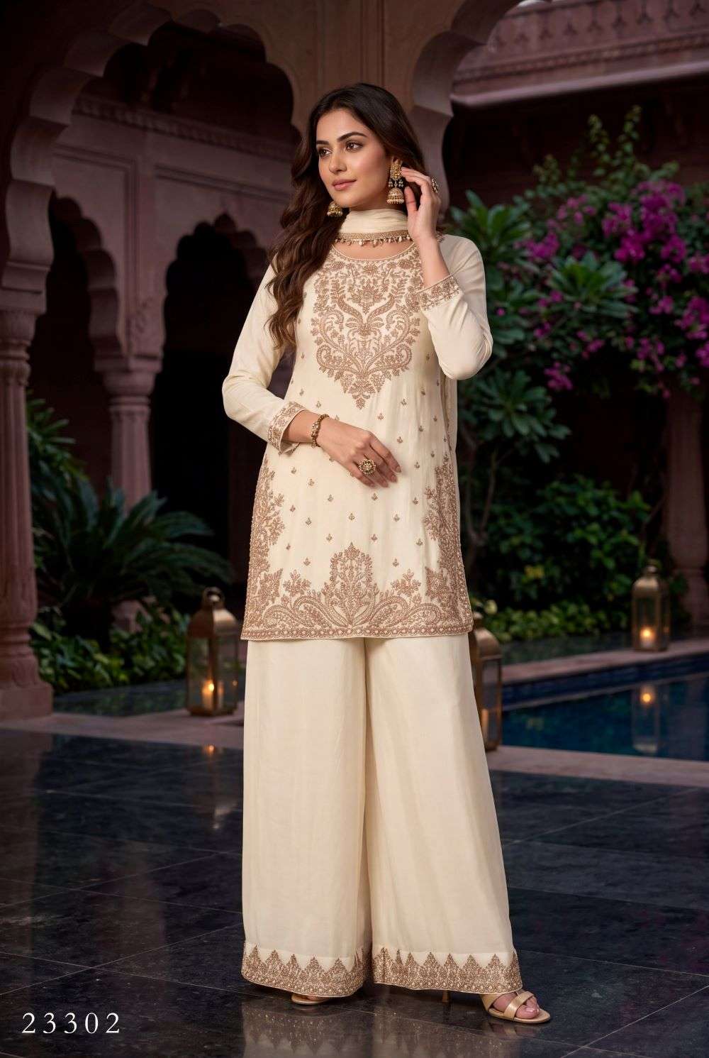 Aurraa Siddhi Chinon With Beads Work Readymade Sharara Suit Set