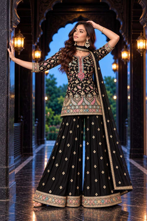 Aurraa Sundari Chinon Silk Embroidered Stitched Sharara Salwar Suit Set