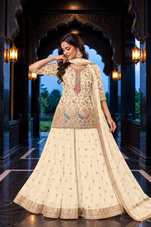 Aurraa Sundari Chinon Silk Embroidered Stitched Sharara Salwar Suit Set