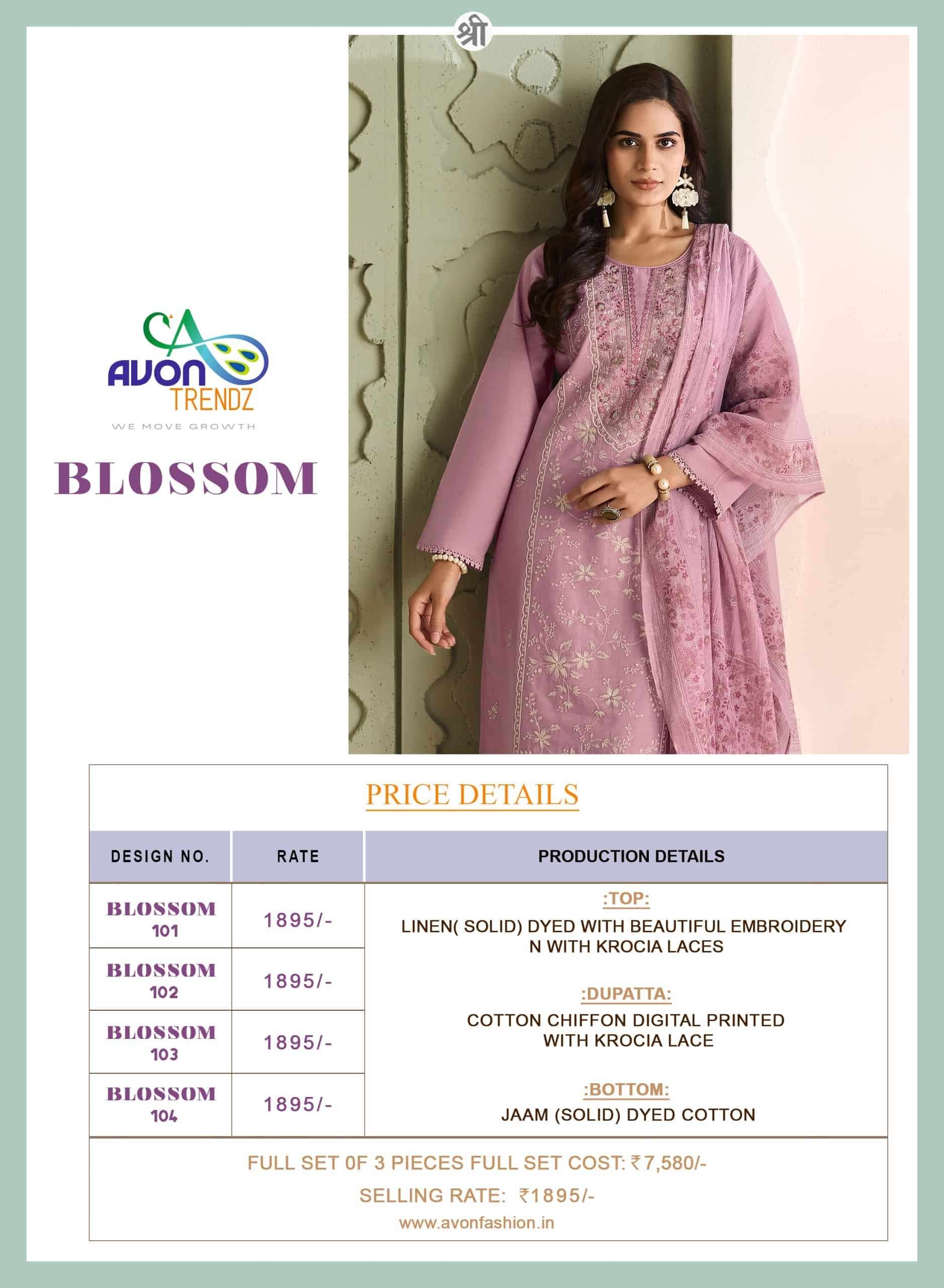 Avon Trendz Blossom Linen Embroidered Dress Material Wholesale