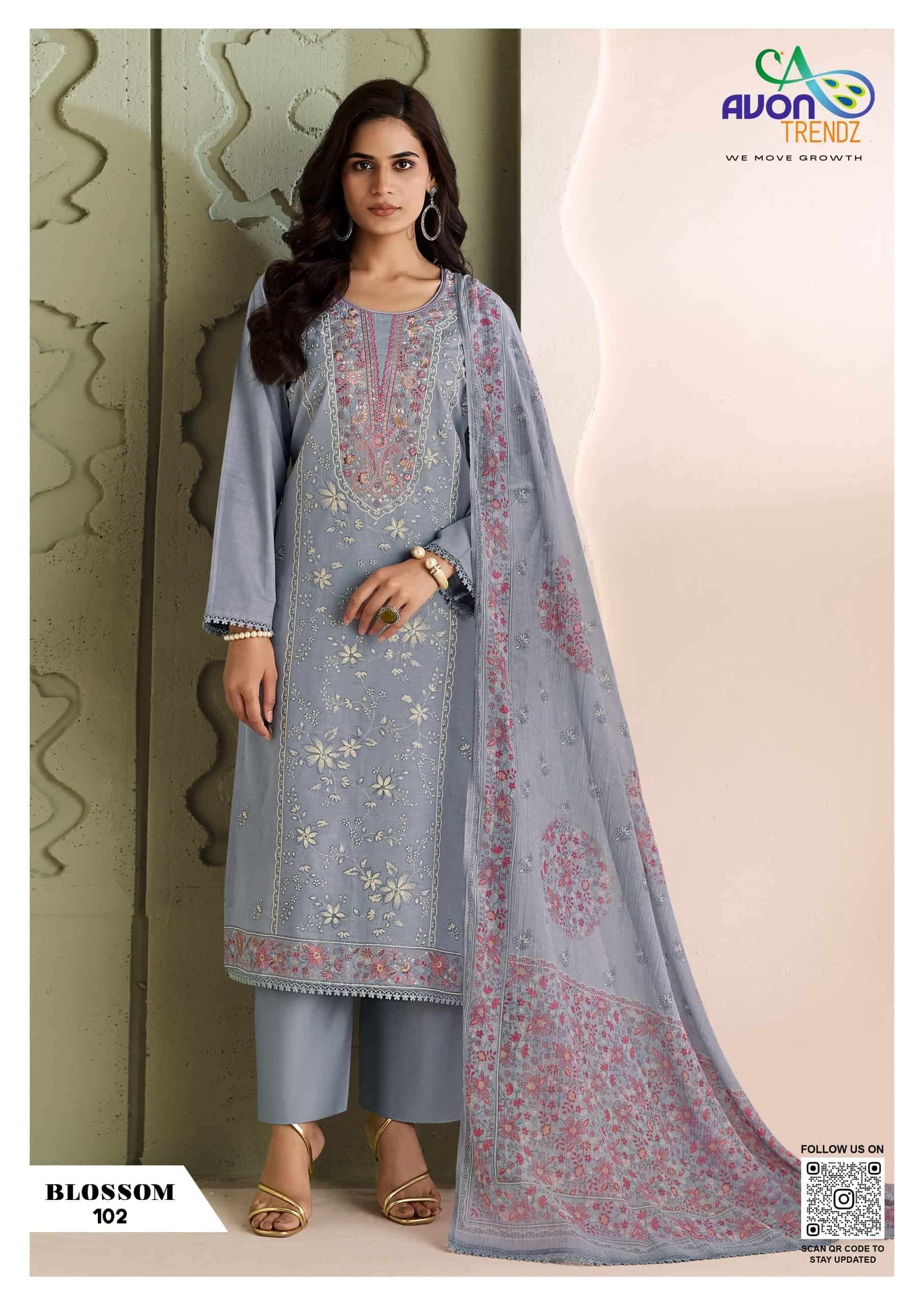 Avon Trendz Blossom Linen Embroidered Dress Material Wholesale